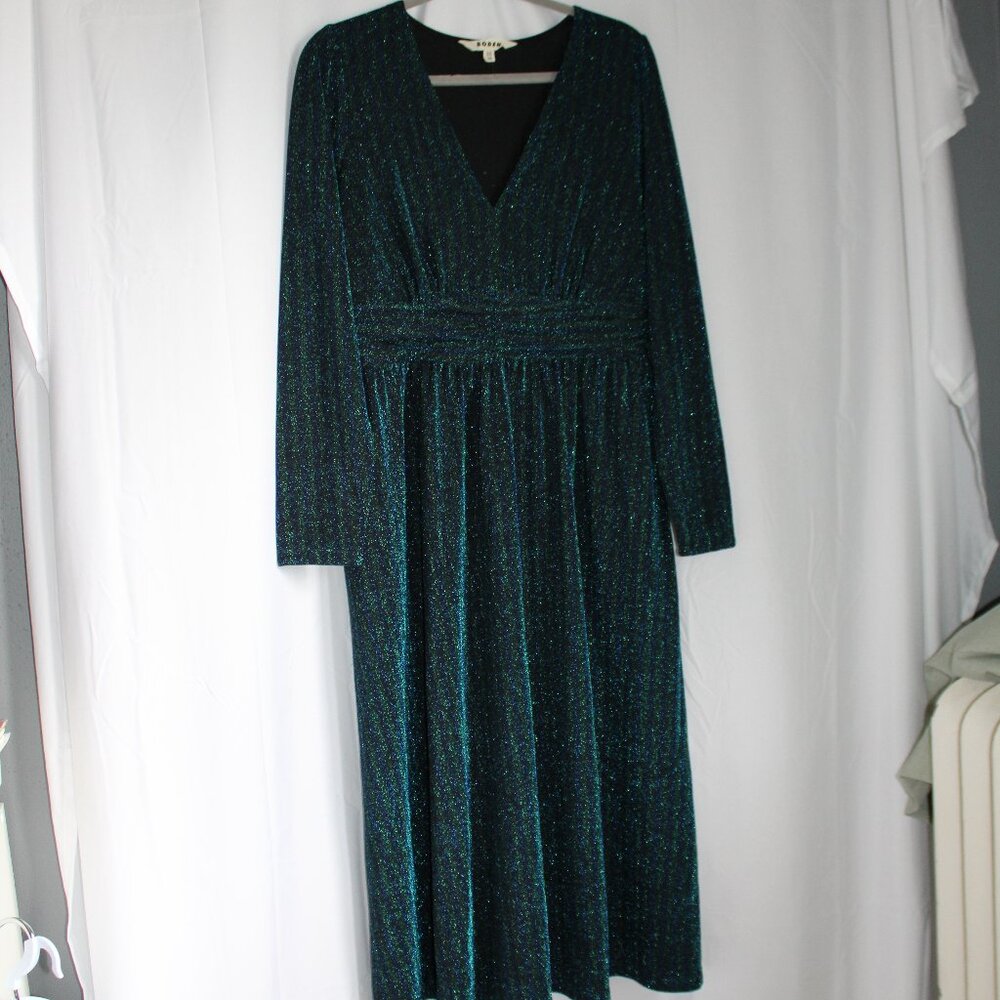 NWOT Boden Metallic Stripes V-Neck A-Line Dress Sleeves Waist Ruching Midi 10